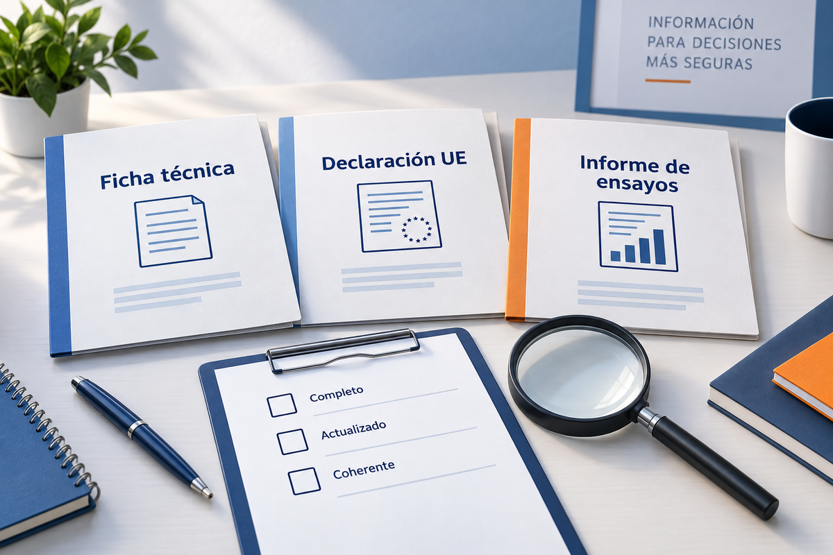 Ilustración de ficha técnica, declaración UE e informe de ensayos para revisar la documentación de un diferencial tipo F.