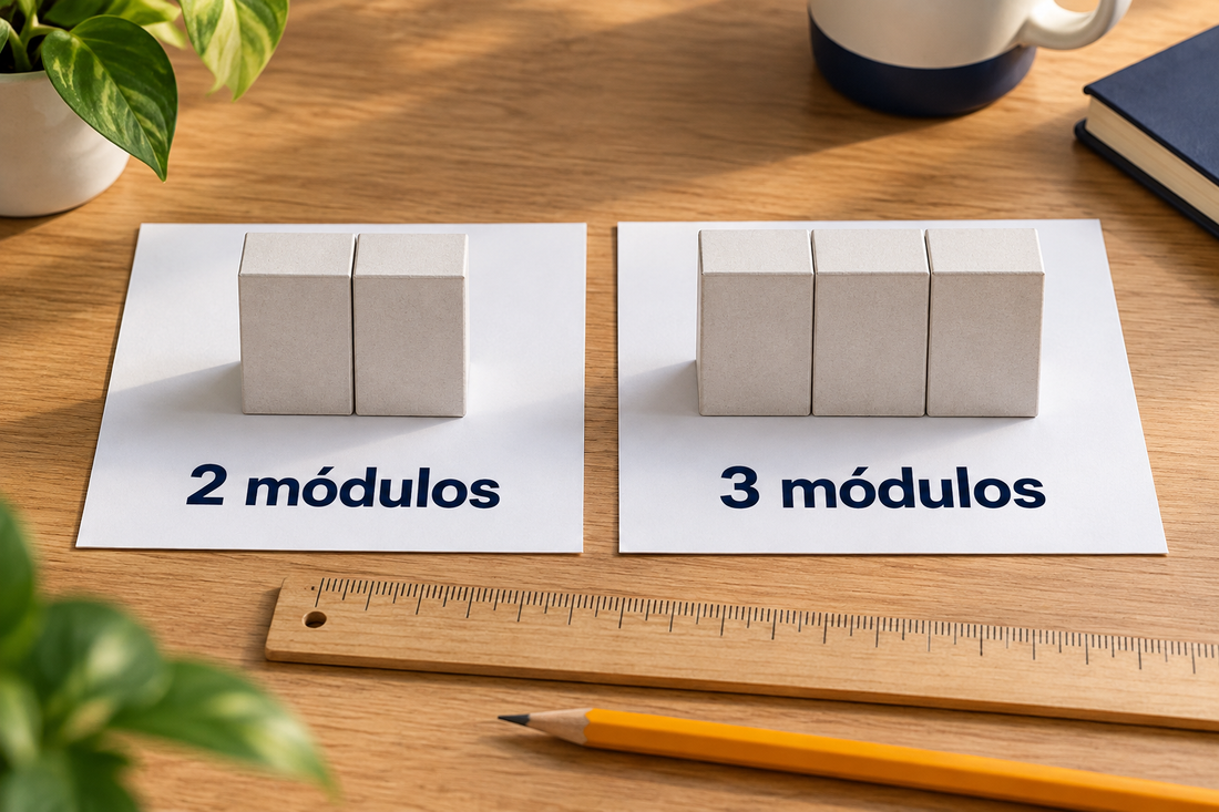 Ilustración de dos y tres módulos contiguos para comparar el espacio necesario antes de elegir un diferencial con rearme.