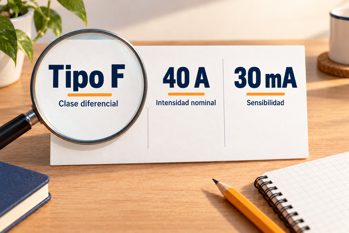 Ilustración educativa que distingue tipo F como clase diferencial, 40 A como intensidad nominal y 30 mA como sensibilidad.