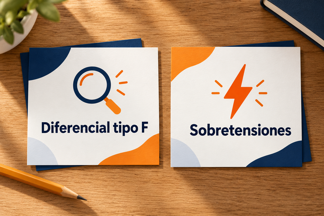Ilustración conceptual con dos tarjetas: diferencial tipo F y protección contra sobretensiones