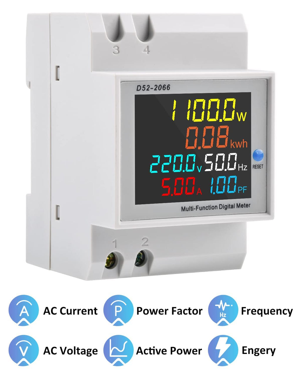 Medidor eléctrico 6 en 1 carril din. Tensión, Intensidad, Frecuencia, Potencia, Factor de Potencia y Consumo.